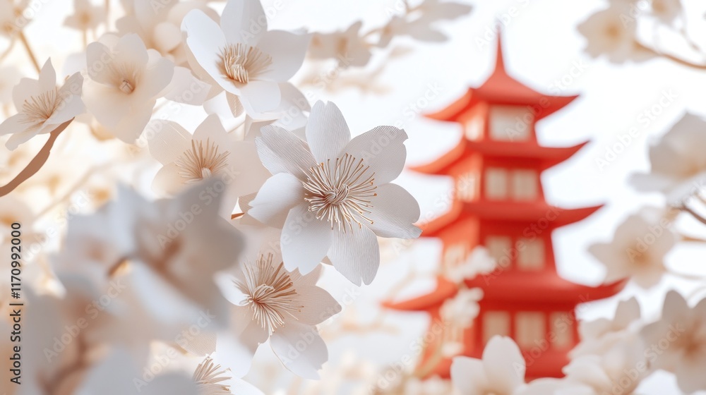 Poster Close-up of delicate white cherry blossoms in full bloom with a red pagoda softly blurred in the background.