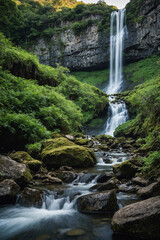 Obraz premium waterfall cascading down a rocky cliff, lush greenery, vertical landscape
