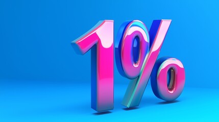 A realistic 3D glossy 10% sign in bright fuchsia and cobalt blue on a solid blue background, with a high-shine finish and dynamic lighting effects.