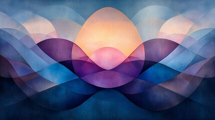 Abstract sunrise landscape with overlapping pastel egg shapes and wavy lines.