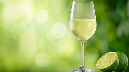 A glass of white wine with a slice of lime next to it