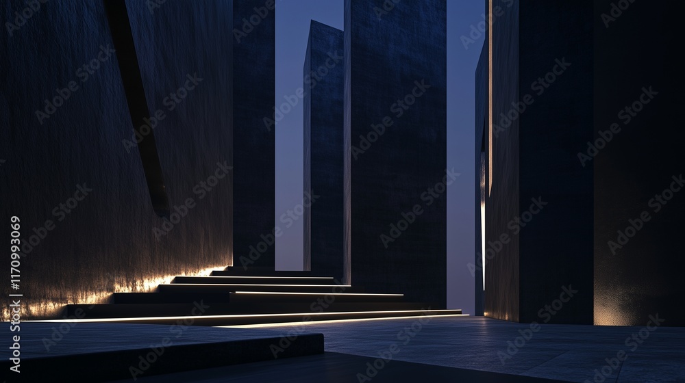 Poster a sleek architectural design with towering dark walls and abstract steps, illuminated by a soft, dif