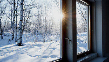 A snowy winter landscape seen through a large window, with bare trees and a bright, sunny day outside