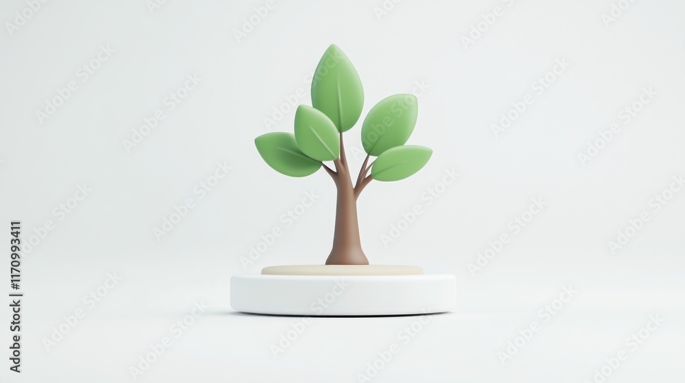 Poster a stylized 3d rendering of a small tree on a white pedestal against a white background.