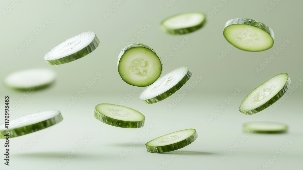 Poster floating slices of fresh green cucumber against a pale green background.