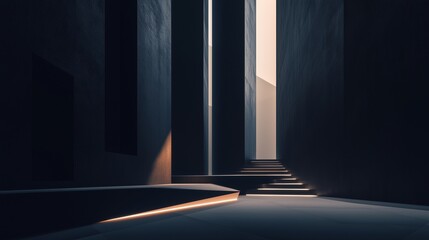A sleek architectural design with towering dark walls and abstract steps, illuminated by a soft, diffused light to highlight the modern, geometric features.