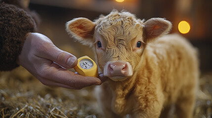 Fototapeta premium vet checks calf temperature with thermometer in barn
