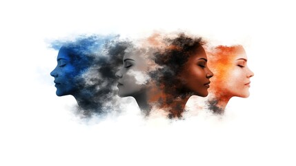 Diverse Women Silhouettes with Colorful Smoke Effects on White Background