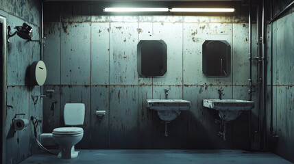 Industrial style bathroom with metal fixtures, rustic walls, and minimalistic design. space features two sinks, toilet, and mirrors, creating unique atmosphere