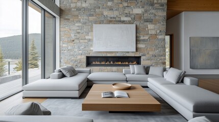 A modern living room with a stone wall and a contemporary fireplace, featuring a light grey sectional, a wooden coffee table, and minimalist art pieces. 