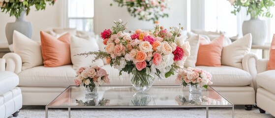 Elegant living room with coral pillows, and stunning peach and pink floral arrangements on a glass coffee table.