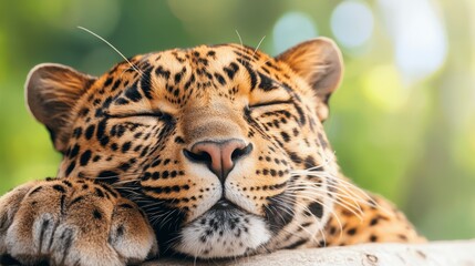 Obraz premium A close up of a leopard sleeping on a tree branch