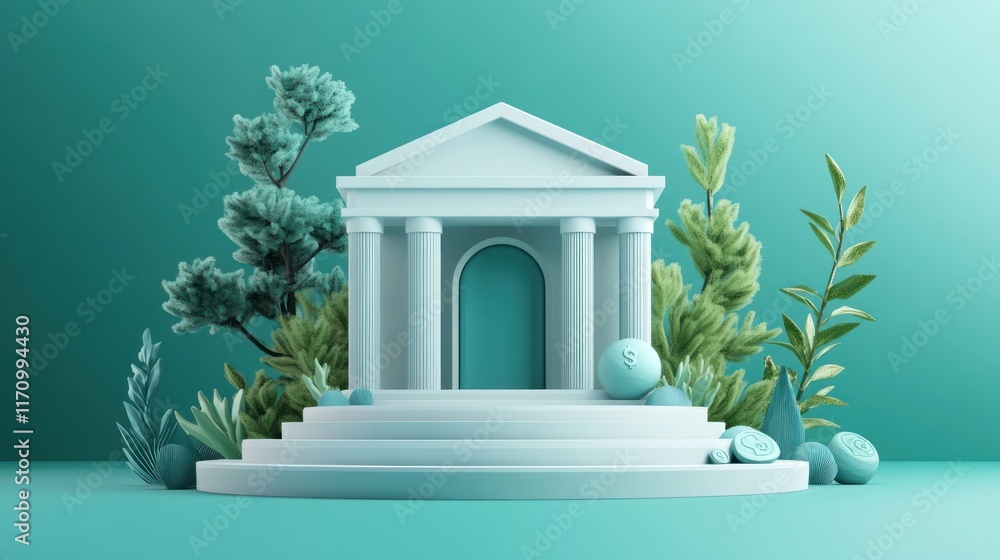 Poster Minimalist 3D render of a classical building on a platform with plants.
