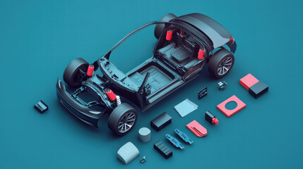 Exploring assembly of electric car, showcasing various components like batteries, wheels, and electronic parts in clear, infographic style