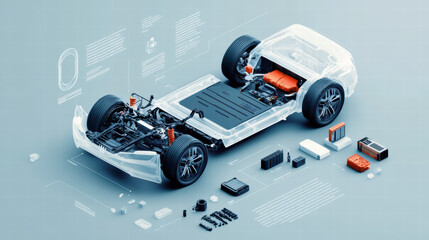 3D electric car assembly steps with detailed components and layout, showcasing battery, chassis, and various parts in clear infographic style