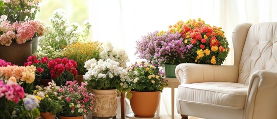 Colorful potted plants and flowers in a room with a cream-colored armchair.
