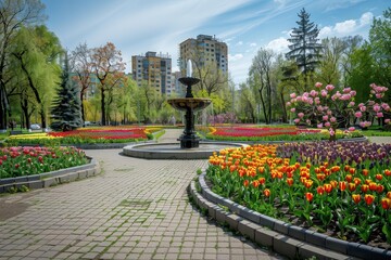 Obraz premium A vibrant park featuring a fountain surrounded by colorful flower beds and tall buildings.