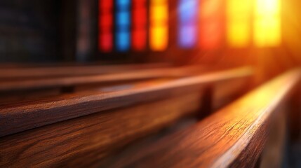 A row of wooden pews in a church with stained glass windows