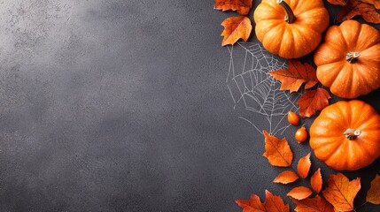 A group of pumpkins and leaves on a dark surface