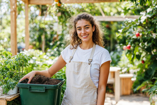 Smiling young woman gardening with compost in a lush outdoor setting