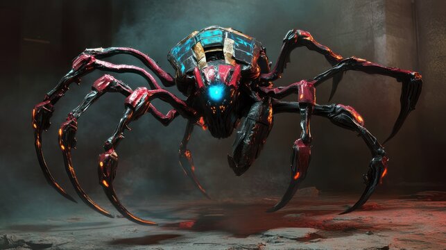 Futuristic spider-like robot, menacing stance, glowing red and blue components, dark background, industrial setting.