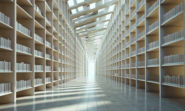Expansive Library Corridor with Light Streaming Through a High Ceiling