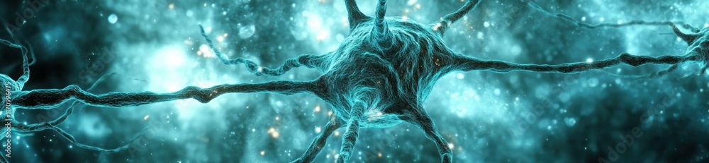 Poster Microscopic view of a neuron cell with glowing dendrites and axons, intricate network.