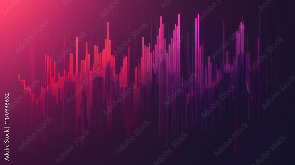 Poster abstract pink and purple data visualization, depicting fluctuating bars against a dark background.