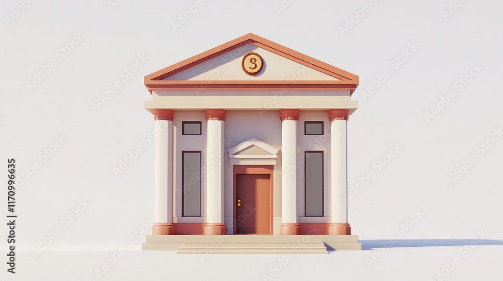 Poster simple 3d model of a classic bank building with columns, pediment, and a stylized currency symbol ab