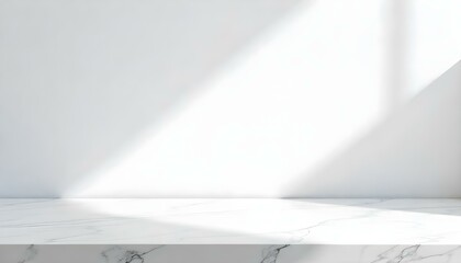 Marble Table with White Stucco Wall Texture Background with Light Beam and Shadow, Suitable for Product Presentation Backdrop, Display, and Mock up.
