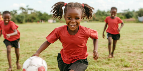 Children joyfully playing soccer on a green outdoor field