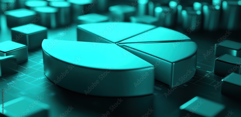 Poster Teal 3D pie chart with various data blocks.