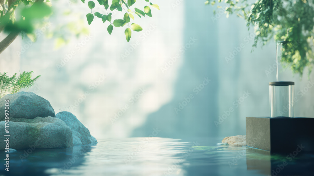 Poster serene water source with filtration system surrounded by natural elements, featuring clear water and
