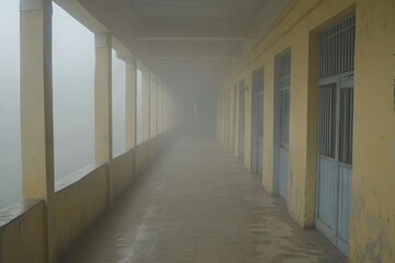 A foggy corridor with yellow walls and blue doors, creating an eerie atmosphere.