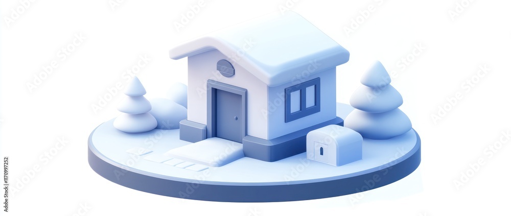 Aufkleber 3d render of a snowy house with trees.