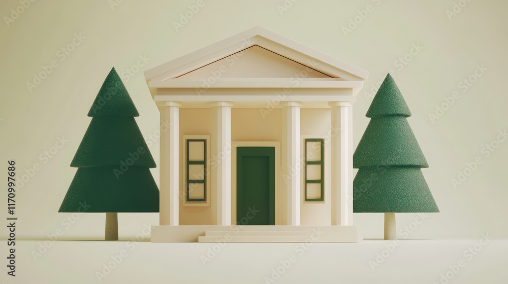 Poster Minimalist 3D render of a classical building flanked by two stylized evergreen trees.