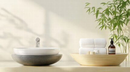 Fototapeta premium Zen inspired bathroom with natural materials, bamboo, and spa products creates serene atmosphere. Perfect for relaxation and self care routines