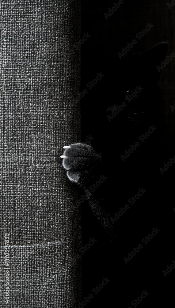 Poster a shadowy cat paw peeks from behind a textured curtain, creating a mysterious atmosphere.