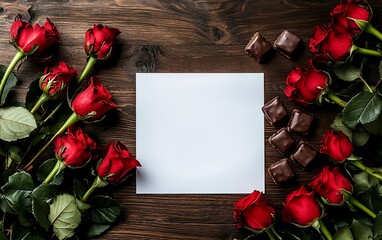 Blank card with red roses and chocolates on wood.