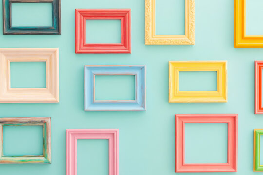 Colorful picture frames arranged on a vibrant teal background wall.