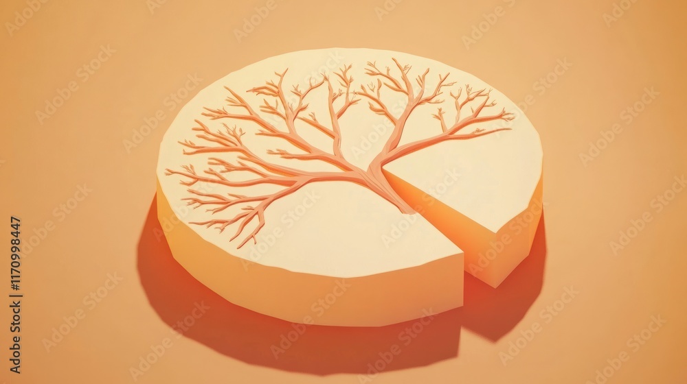 Poster abstract 3d rendering of a tree embedded in a pie chart segment, representing growth or data visuali
