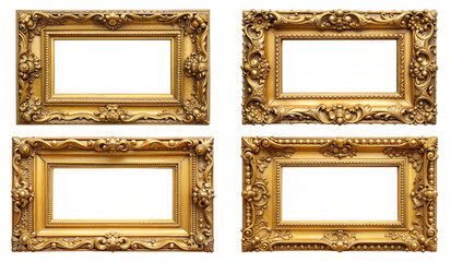Four ornate golden picture frames with intricate designs on a cut out background. Concept of luxury and elegance in art display