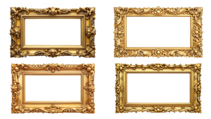 Four ornate golden picture frames with intricate designs on a cut out background. Concept of luxury and elegance in art display