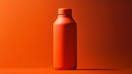 A vibrant orange water bottle on a deep orange background with a subtle gradient. The image captures the bottlea??s modern, minimalist design with high detail and striking visual impact.