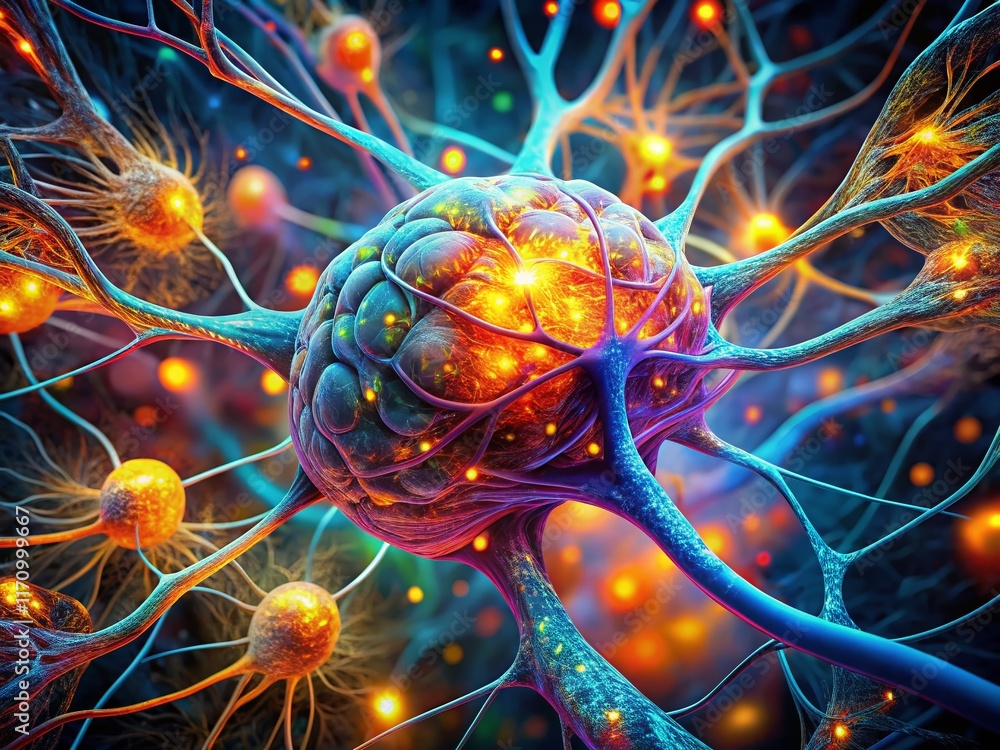 Poster microscopic brain neural pathways: intricate generative ai close-up