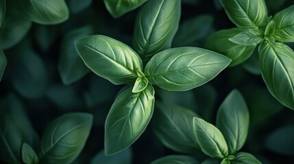 Obraz premium Close-up view of lush basil leaves, vibrant green, dark tones, detailed texture, fresh herb