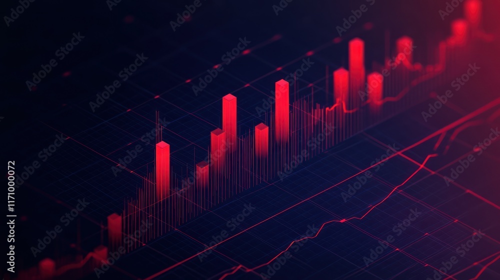 Poster Abstract 3D data visualization with red bars and lines on dark background, representing growth, financial data, or market trends.