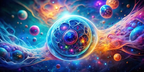 Microscopic Double Exposure: Spindle-Shaped Cell in Vibrant Cellular Landscape