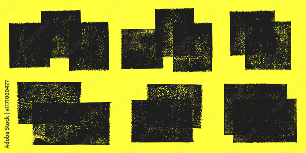 Poster linocut, relief printing layered squares, rectangles grungy textures vector set. artistic linocuttin