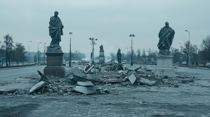 A desolate street with statues amidst rubble and debris, evoking a sense of loss.